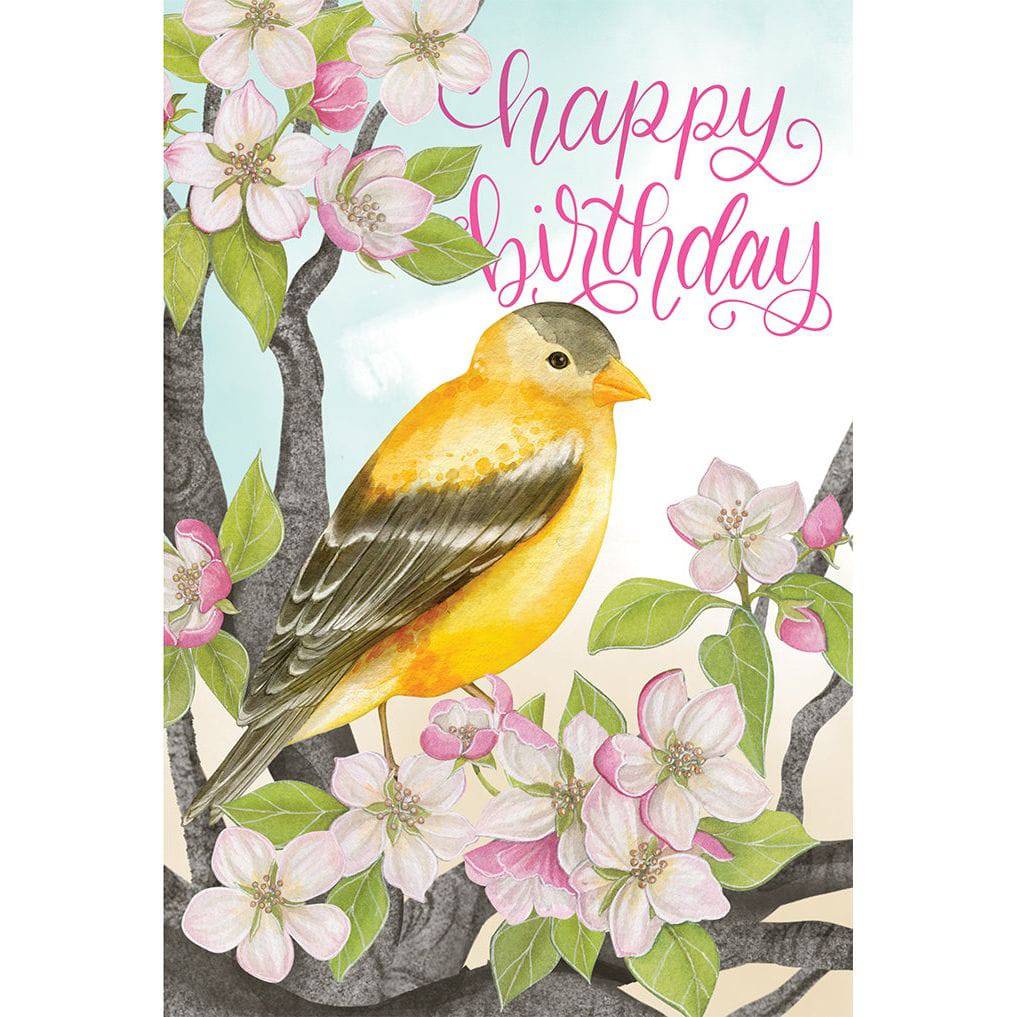 Goldfinch birthday card from Pictura featuring a detailed illustration of a vibrant goldfinch bird on a plain background.